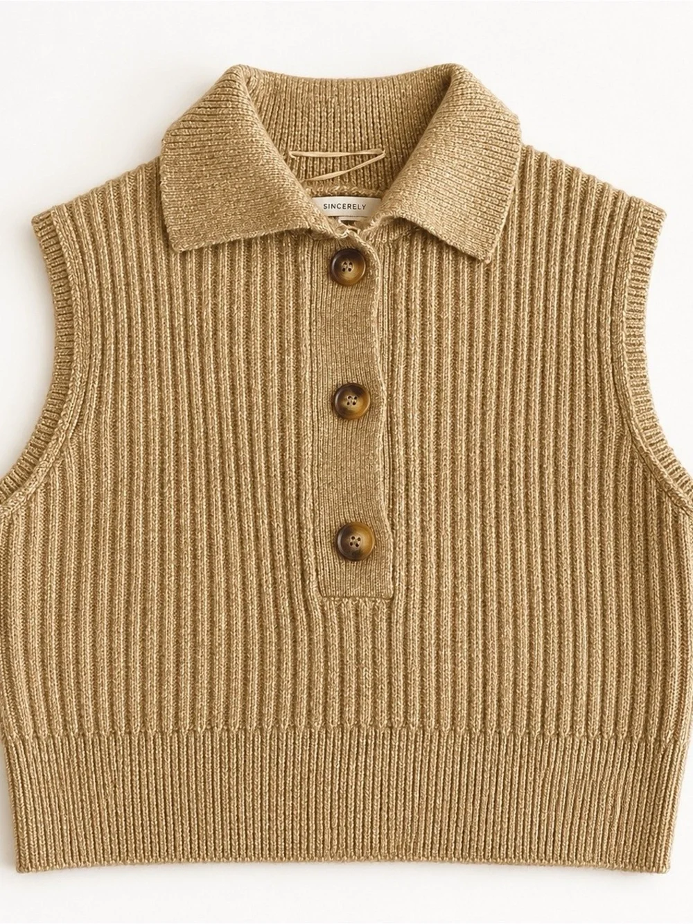 Sincerely Jules Tan Ribbed Knit Sweater Vest Collared Button Front Sz S - Picture 2 of 5